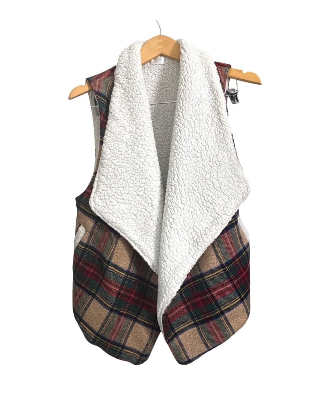 Plaid Reversible Sherpa-Lined Open Front Vest By Janice Apparel